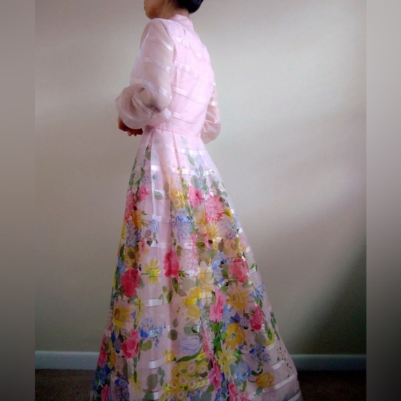 1970s Vintage Pink Sheer Organza Watercolor Floral Princess Gown women’s size 14 - Picture 14 of 14
